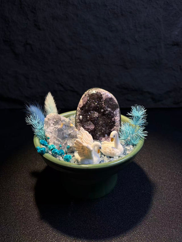 Amethyst Geode Swan Crystal Bonsai Garden